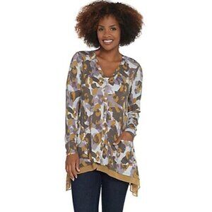 LOGO Lori Goldstein Sz M Fall Colors Print Stretch Jersey Cardigan Top Pockets